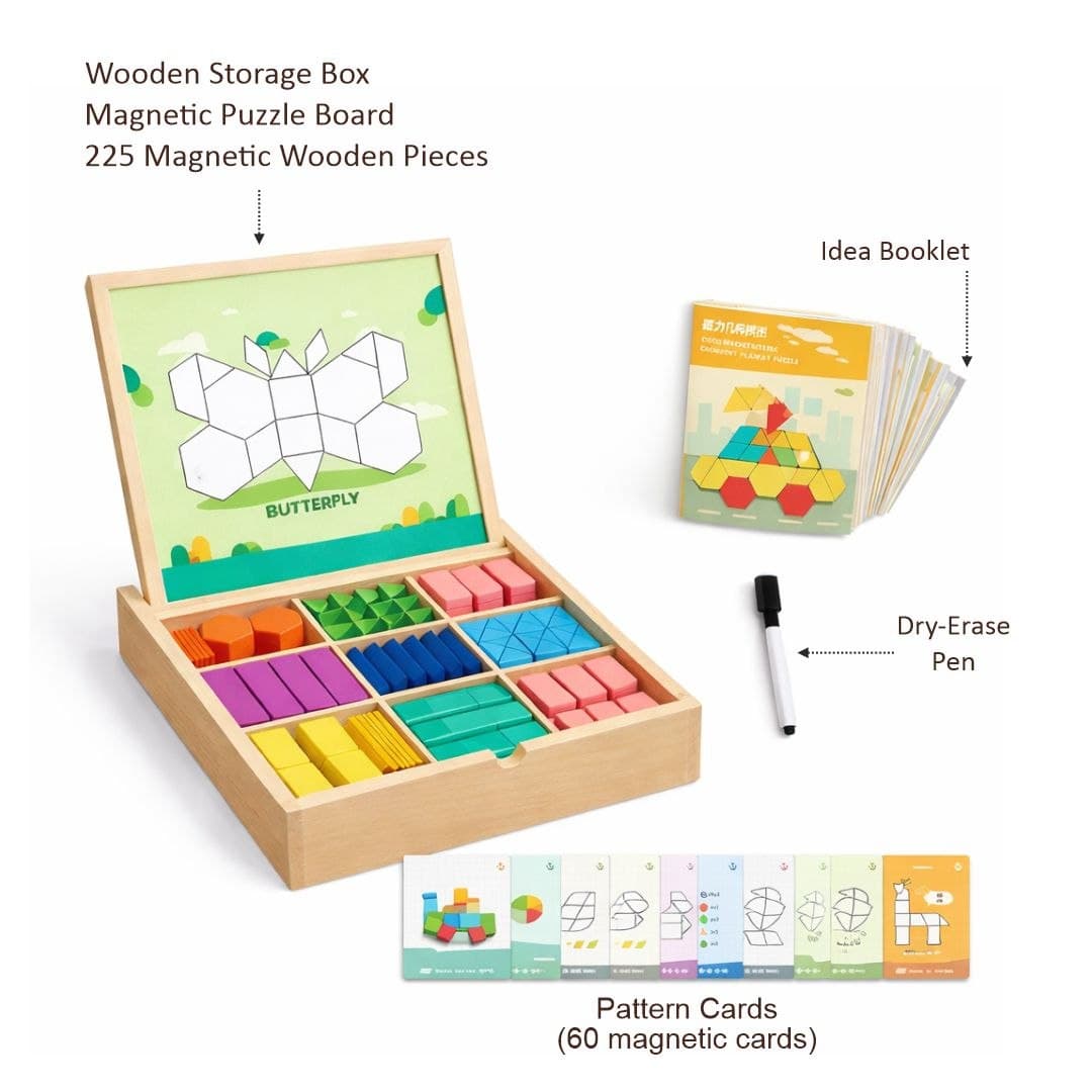 Wooden Magnetic Geometry Puzzle – 225 Piece Pattern Building Set thumbnail 2