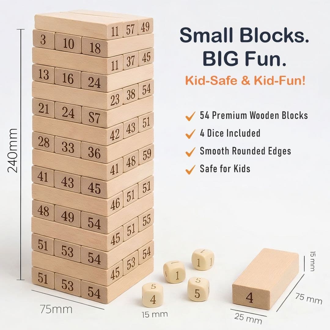 Wooden Number Tumbling Tower – 54 Piece Stacking Block Game with Dice thumbnail 5