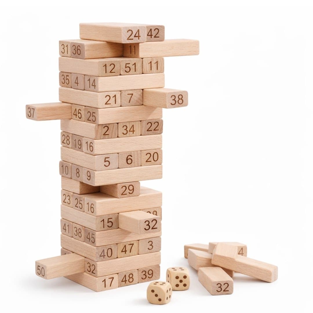 Wooden Number Tumbling Tower – 54 Piece Stacking Block Game with Dice thumbnail 2