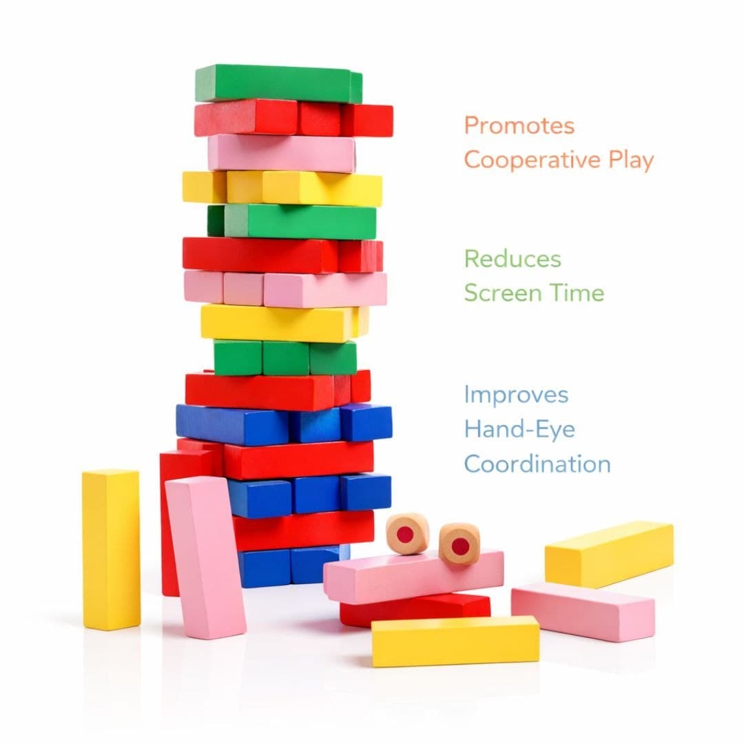Colorful Wooden Tumbling Tower – 54 Piece Stacking Block Game with Dice thumbnail 2