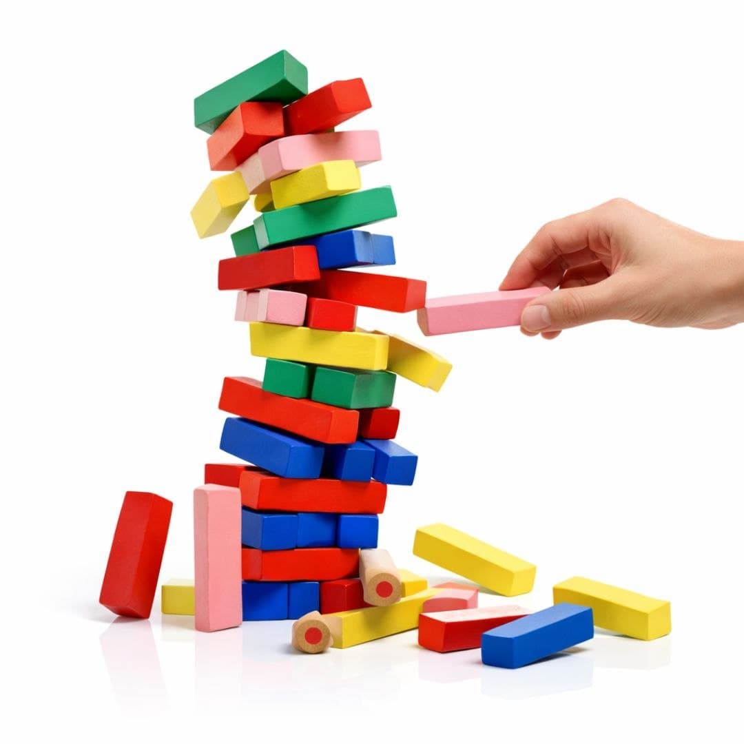 Colorful Wooden Tumbling Tower – 54 Piece Stacking Block Game with Dice thumbnail 4