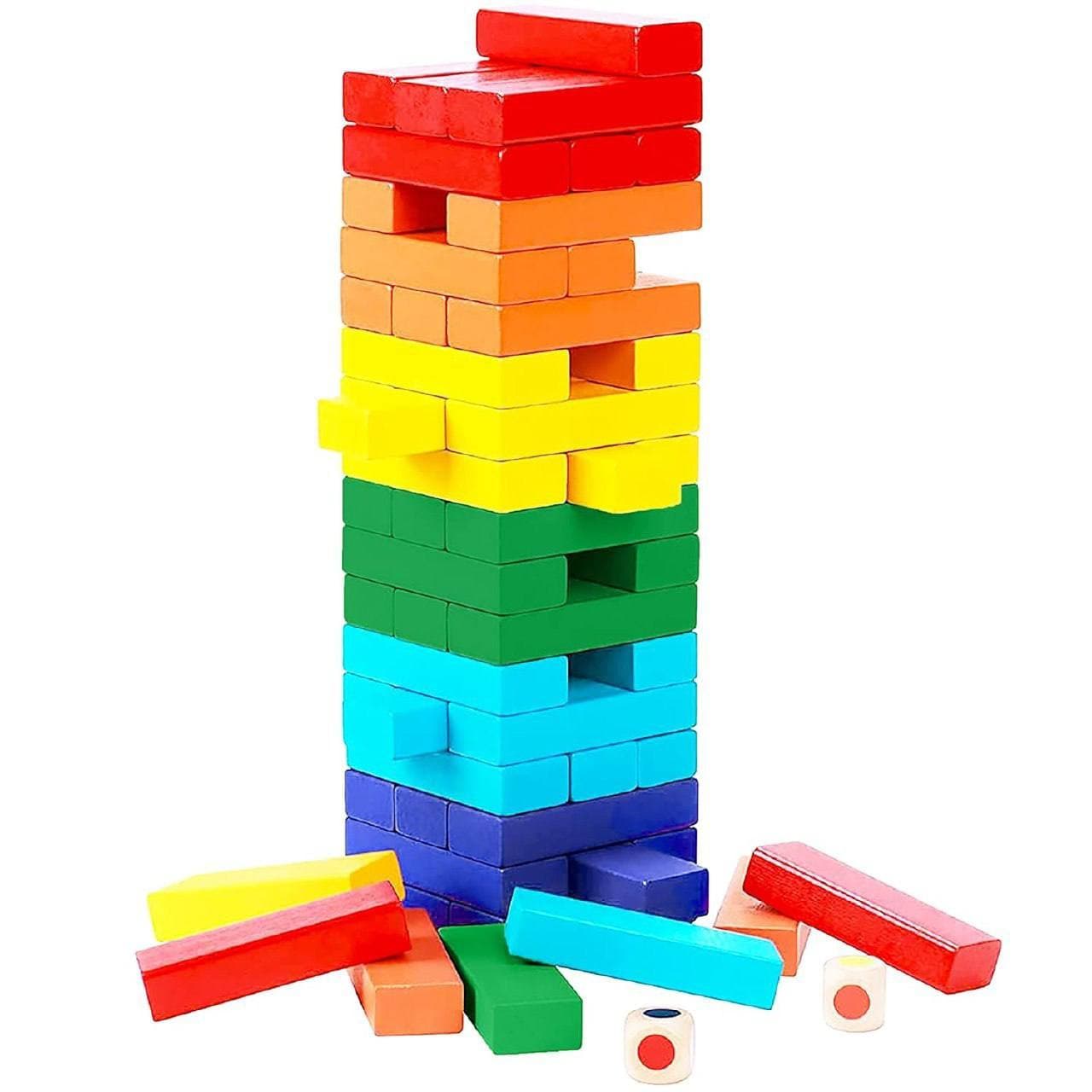 Colorful Wooden Tumbling Tower – 54 Piece Stacking Block Game with Dice - Image 1